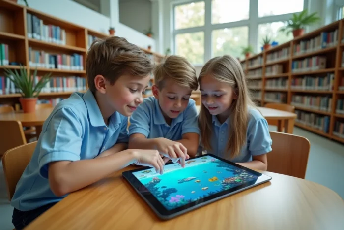 Groupe d'adolescents explorant un jeu interactif numérique sur les écosystèmes marins en bibliothèque scolaire