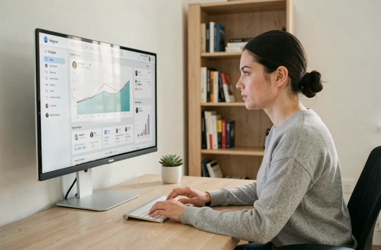 Femme analysant des statistiques Instagram sur un écran d'ordinateur dans un bureau minimaliste