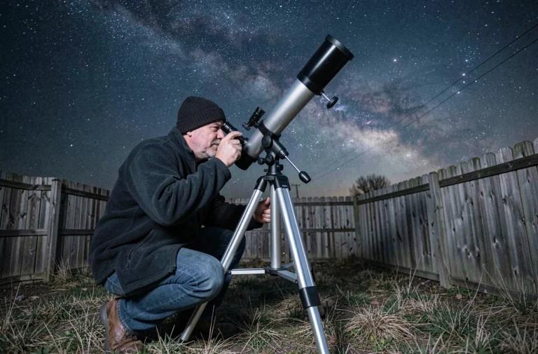 Amateur astronome adulte observant le ciel nocturne avec un télescope réflecteur dans un jardin rural sous un ciel étoilé