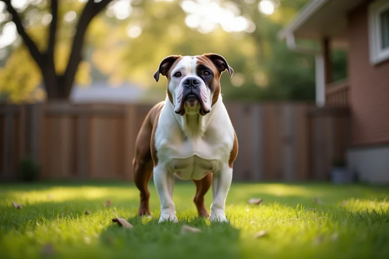 Bouledogue américain blanc et bringé debout dans un jardin, illustrant son physique puissant et sa posture alerte