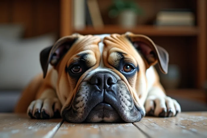Portrait rapproché d'un bouledogue américain au repos à l'intérieur, mettant en valeur ses traits faciaux expressifs et son caractère calme