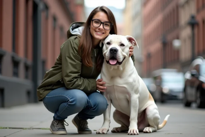 Femme agenouillée aux côtés de son bouledogue américain en ville, illustrant le lien affectueux entre le chien et son propriétaire
