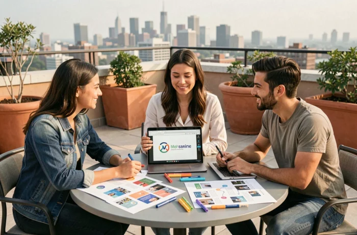 Équipe de jeunes professionnels brainstormant des campagnes marketing innovantes autour d'une table sur une terrasse urbaine en plein air