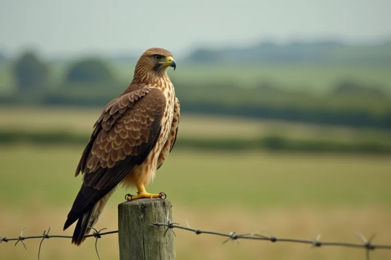 Buse variable perchée sur un poteau en bois dans la campagne européenne, plumage brun et crème détaillé, identification des rapaces