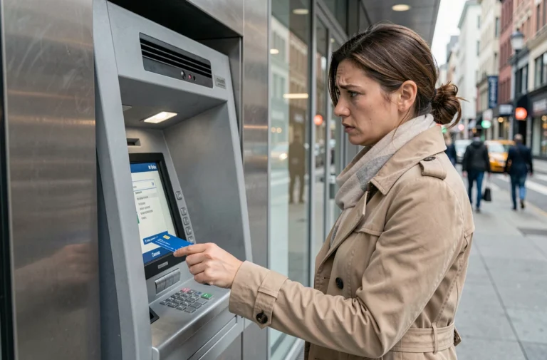 Femme inquiète face à un distributeur automatique après le blocage de sa carte bleue LCL suite à trois codes erronés