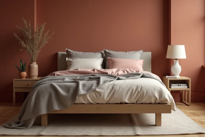Chambre à coucher moderne avec literie en lin superposé dans des tons rose poudré et gris chaud, tête de lit en clay, tapis persan vintage et déco naturelle sur table de nuit