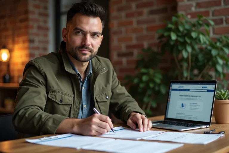 Homme comparant des offres d'assurance moto sur des documents papier à la maison