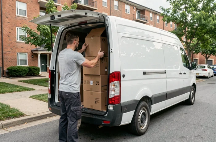 Homme chargeant des cartons dans une camionnette jumbo de location lors d'un déménagement en milieu urbain