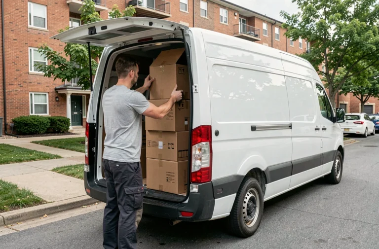 Homme chargeant des cartons dans une camionnette jumbo de location lors d'un déménagement en milieu urbain