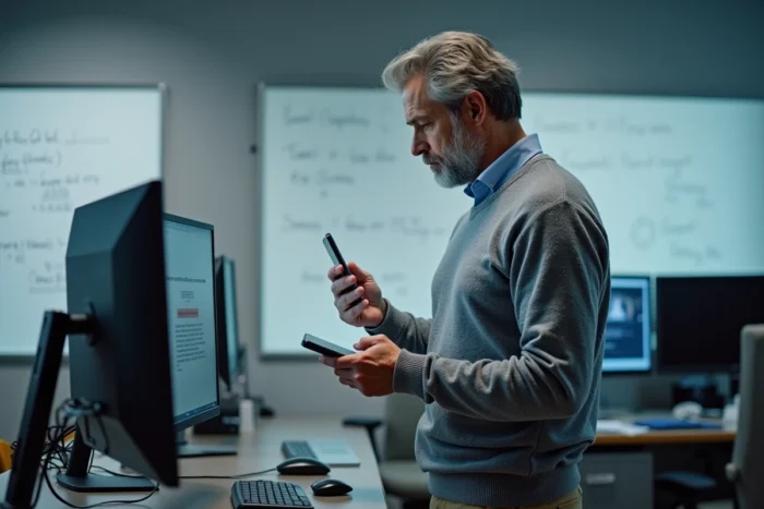 Chercheur utilisant son smartphone pour contacter le support informatique après une erreur d'authentification sur sa messagerie INRAE