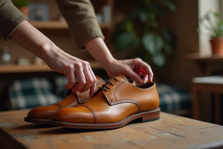 Femme appliquant un cirage crème sur des chaussures en cuir Oxford beige posées sur une table en bois rustique