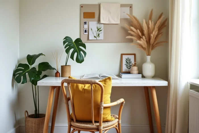 Coin bureau à domicile décoré avec une chaise en rotin vintage, plante monstera, planche d'inspiration murale et herbe de pampa dans un vase cannelé
