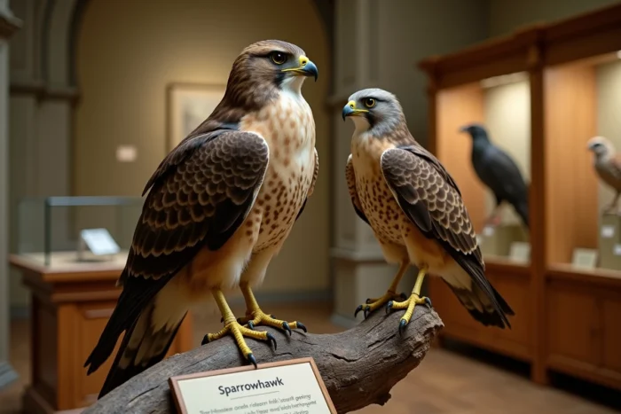 Comparaison côte à côte d'une buse et d'un épervier naturalisés dans un musée d'histoire naturelle, différences morphologiques entre rapaces