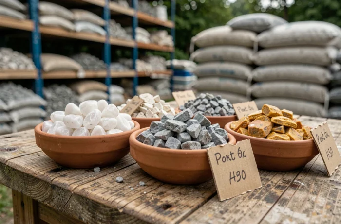 Confronto di diversi tipi di ghiaia economica esposti con etichette di prezzo in un negozio di giardinaggio