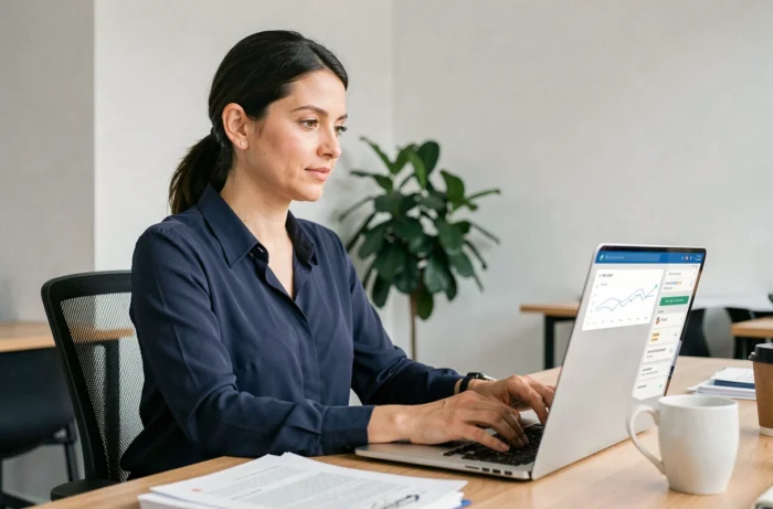 Femme professionnelle connectée à son compte en ligne sur un ordinateur portable dans un bureau moderne