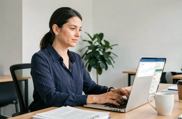 Femme professionnelle connectée à son compte en ligne sur un ordinateur portable dans un bureau moderne