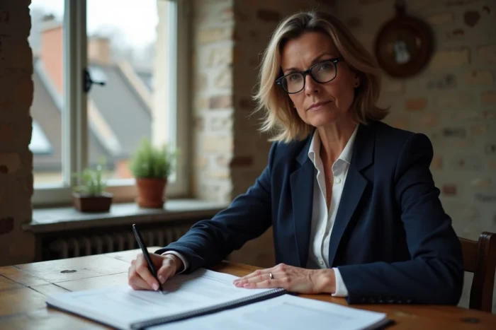 Femme examinant son contrat d'assurance habitation pour la couverture de toiture dans un immeuble sans copropriété
