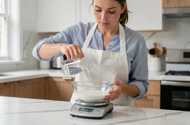 Femme versant un liquide d'une tasse graduée en centilitres sur une balance de cuisine numérique affichant les grammes, cuisine moderne lumineuse