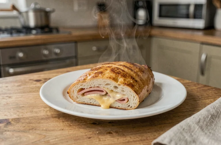 Cordon bleu chaud servi sur une assiette blanche avec fromage fondu et jambon visibles après cuisson au micro-ondes