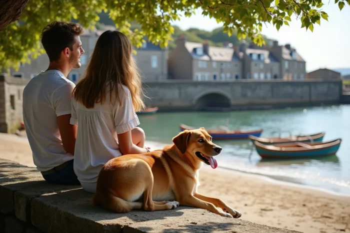 Couple avec leur chien assis sur un muret de pierre face à la mer à la plage de Conleau, Vannes