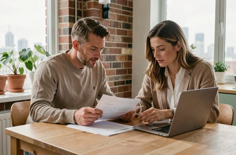 Couple français examinant des documents immobiliers pour acheter une maison au Canada