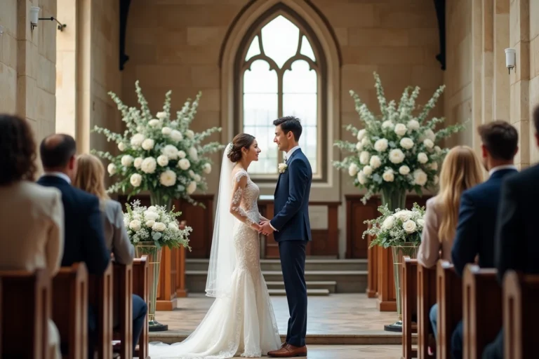 Couple de mariés échangeant un regard tendre devant l'autel d'une chapelle en pierre décorée de pivoines blanches et d'eucalyptus