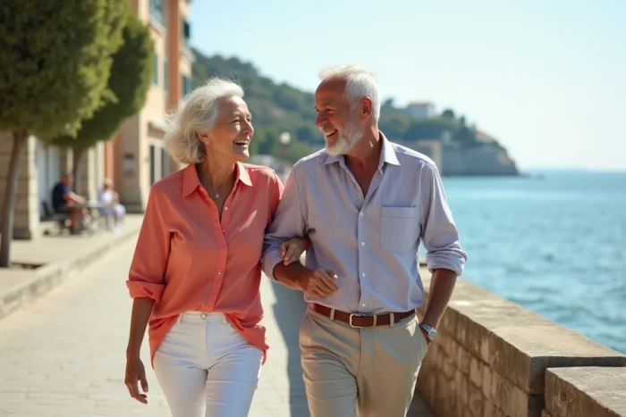 Couple de seniors actifs se promenant sur une promenade en bord de mer, symbolisant la vitalité et le bien-être après 60 ans