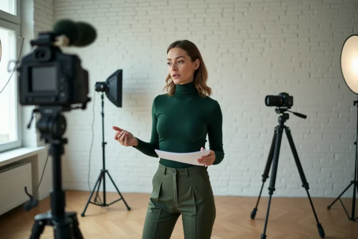 Créatrice de contenu française enregistrant une vidéo dans son studio home-made minimaliste