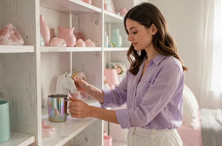 Jeune femme arrangeant une décoration licorne pastel sur une étagère en bois dans une chambre de style scandinave