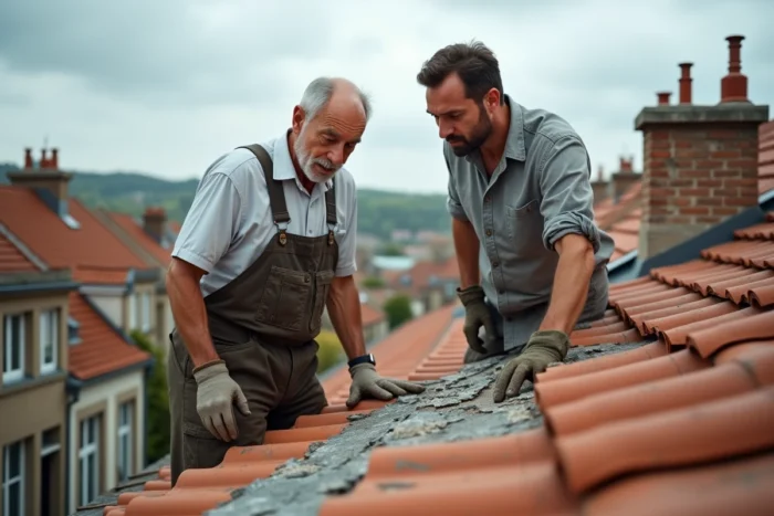 Artisan et propriétaire évaluant les dégâts sur la toiture d'un immeuble en l'absence de copropriété pour une déclaration d'assurance