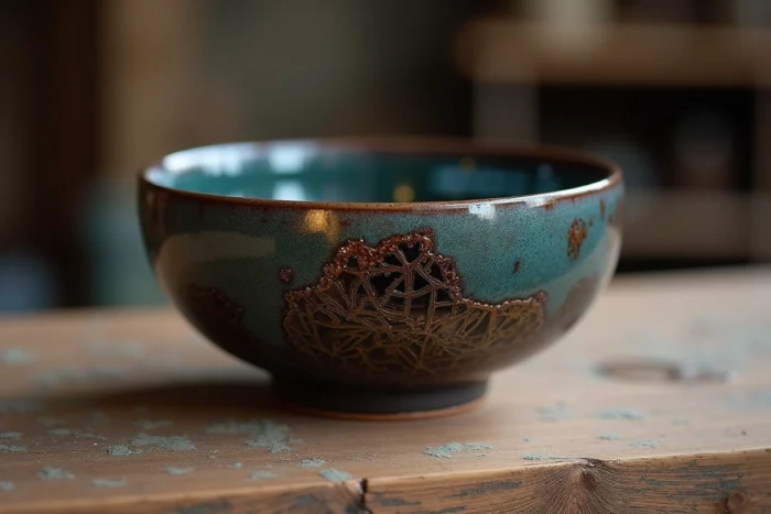 Détail du glaçage craquelé irisé d'un bol en céramique Raku avec effets de réduction cuivrée