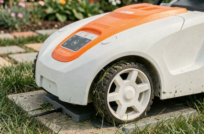 Détail de la station de charge et du panneau de contrôle du robot tondeuse Gardena R50Li