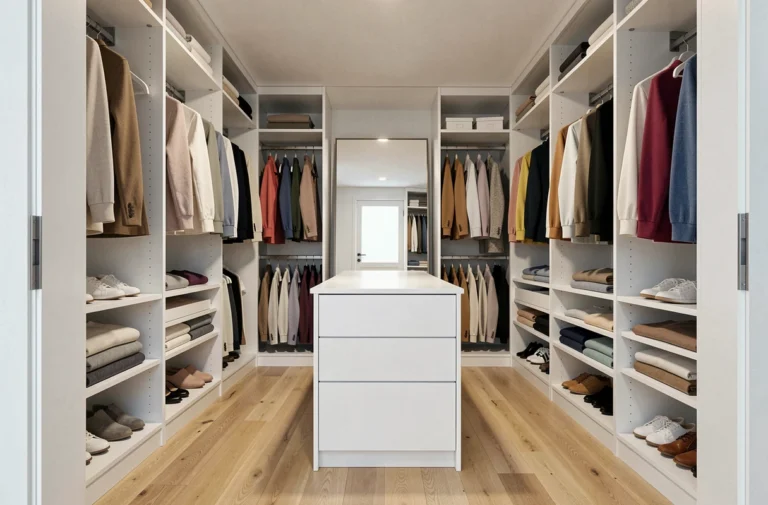 Dressing sur mesure avec étagères blanches, penderies organisées par couleur et îlot central en bois clair pour un rangement fonctionnel
