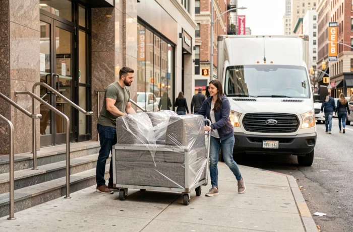 Deux déménageurs transportant un canapé emballé vers une camionnette jumbo en location devant un immeuble citadin