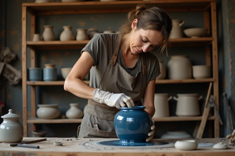 Céramiste appliquant un émail cobalt sur une pièce Raku crue dans un atelier de poterie