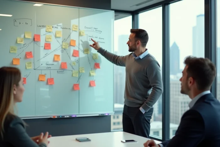Entrepreneur masculin présentant une stratégie commerciale innovante à des collègues devant un tableau blanc