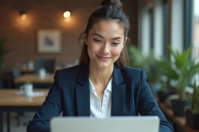 Entrepreneuse concentrée analysant des données sur un ordinateur portable dans un espace de co-working moderne