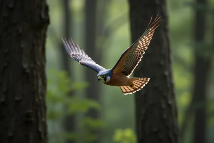 Épervier d'Europe mâle en vol dans une forêt de feuillus, ailes courtes et queue longue visibles, distinction entre rapaces forestiers