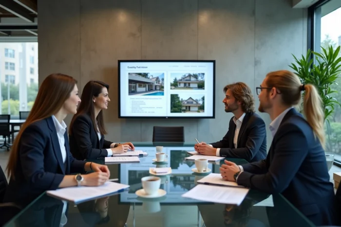 Équipe d'agents immobiliers en réunion discutant de la gestion locative de biens immobiliers dans une agence moderne