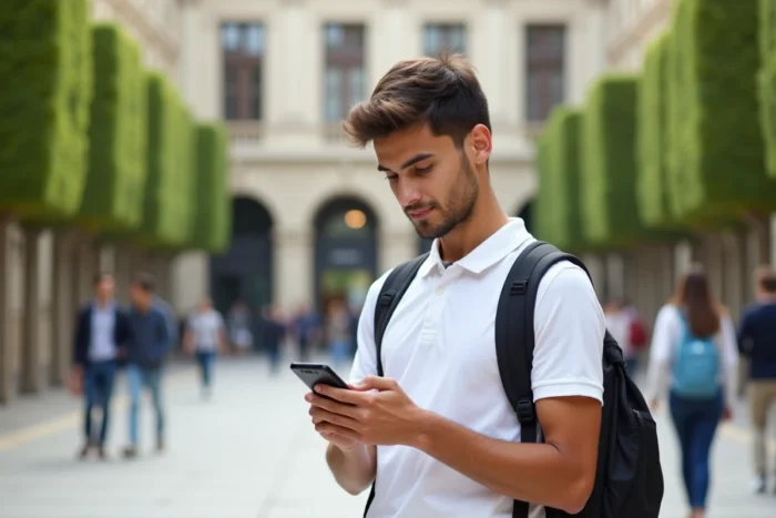 Étudiant consultant ses emails AMU sur smartphone dans la cour du campus d'Aix-Marseille Université