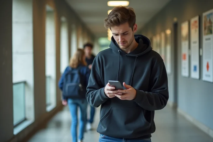 Étudiant consultant son smartphone dans un couloir d'université face à un problème d'accès ENT