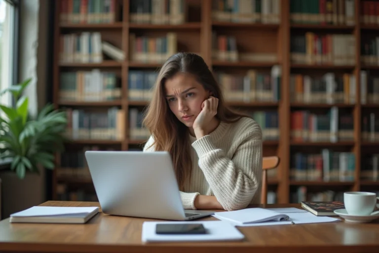 Étudiante frustrée devant un écran d'erreur sur son ordinateur portable dans une bibliothèque universitaire