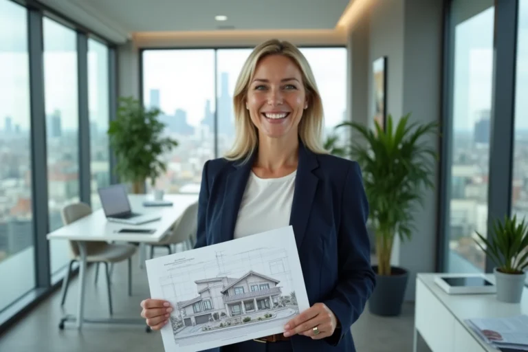 Experte immobilière tenant un plan architectural dans une agence moderne avec vue sur la ville