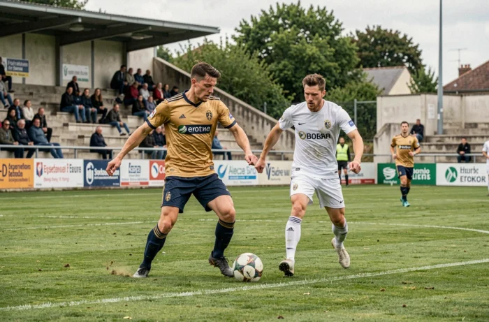 Match de football du FC Versailles 78 en National avec duel de joueurs sur le terrain