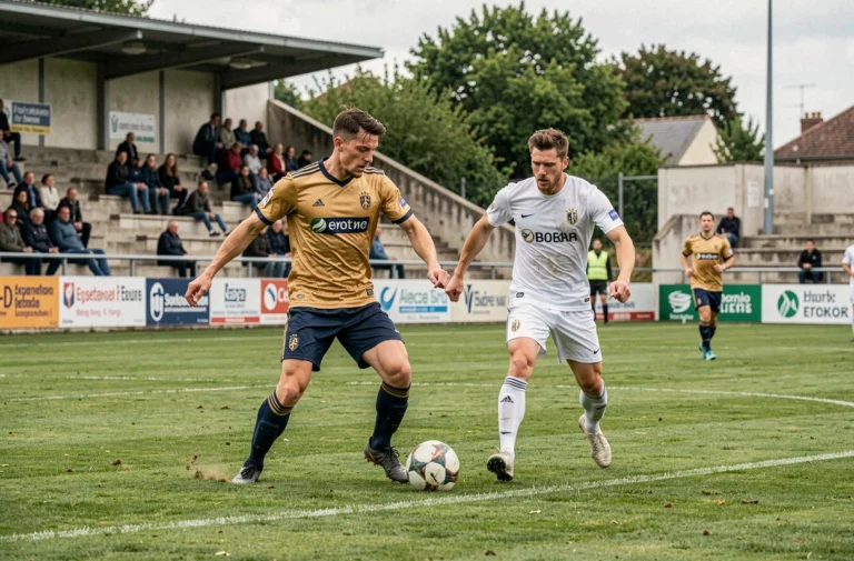 Match de football du FC Versailles 78 en National avec duel de joueurs sur le terrain