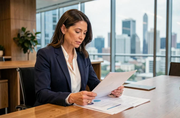 Femme d'affaires professionnelle analysant une stratégie sur-mesure dans un bureau moderne avec vue sur la ville