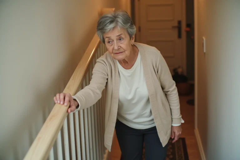 Femme âgée perdant l'équilibre et se rattrapant à une rampe d'escalier chez elle, illustrant les troubles neurologiques de l'équilibre