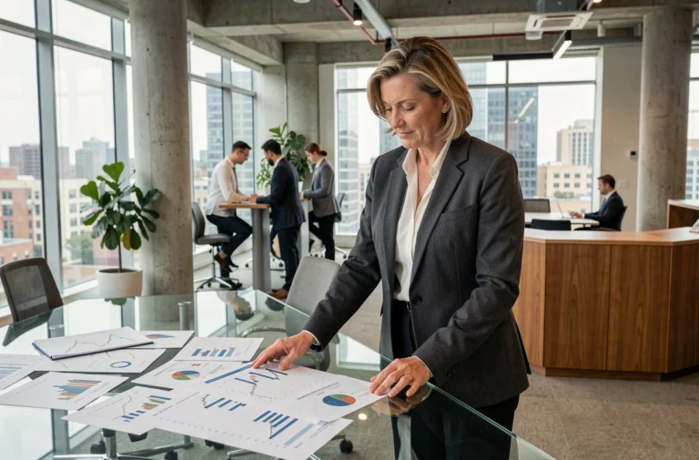 Femme cadre analysant des graphiques financiers dans un bureau moderne représentant l'impact du business sur l'économie