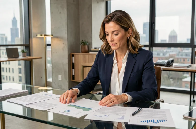 Femme cadre analysant des documents financiers sur des SCPI européennes dans un bureau moderne avec vue sur la ville