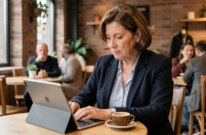 Donna che consulta una notifica di cambiamento di indirizzo email su un tablet in un caffè urbano
